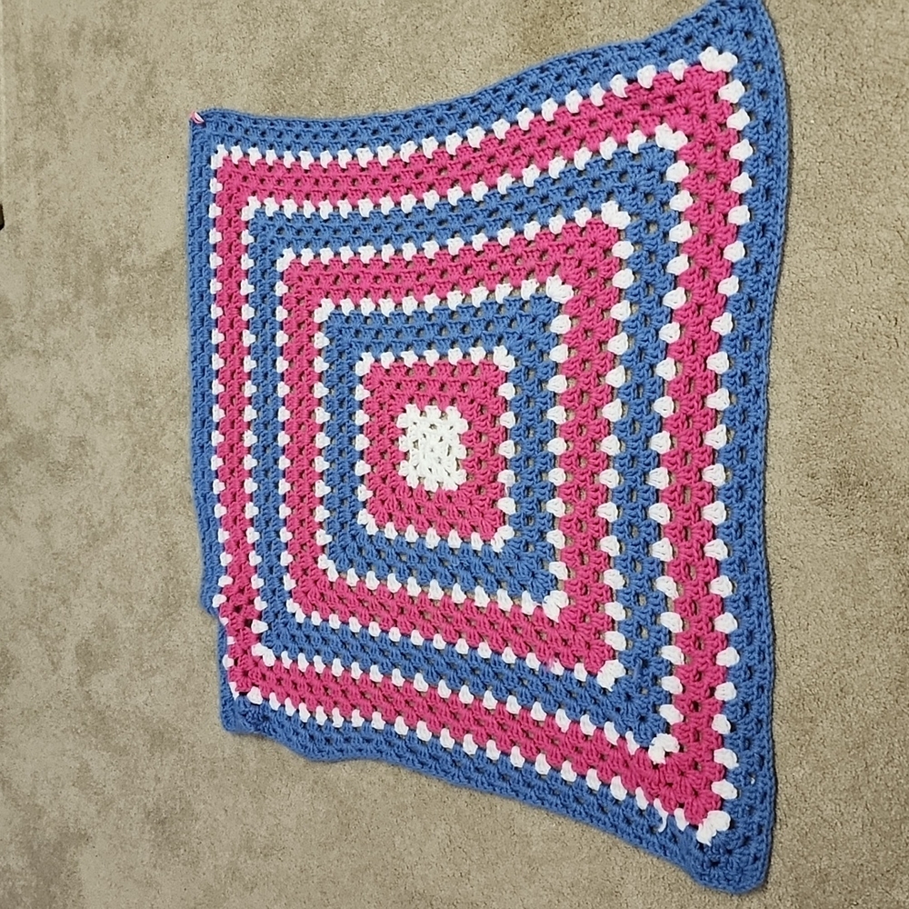 Blue white magenta baby doll super soft Crocheted crib quilt - Picture 1 of 4